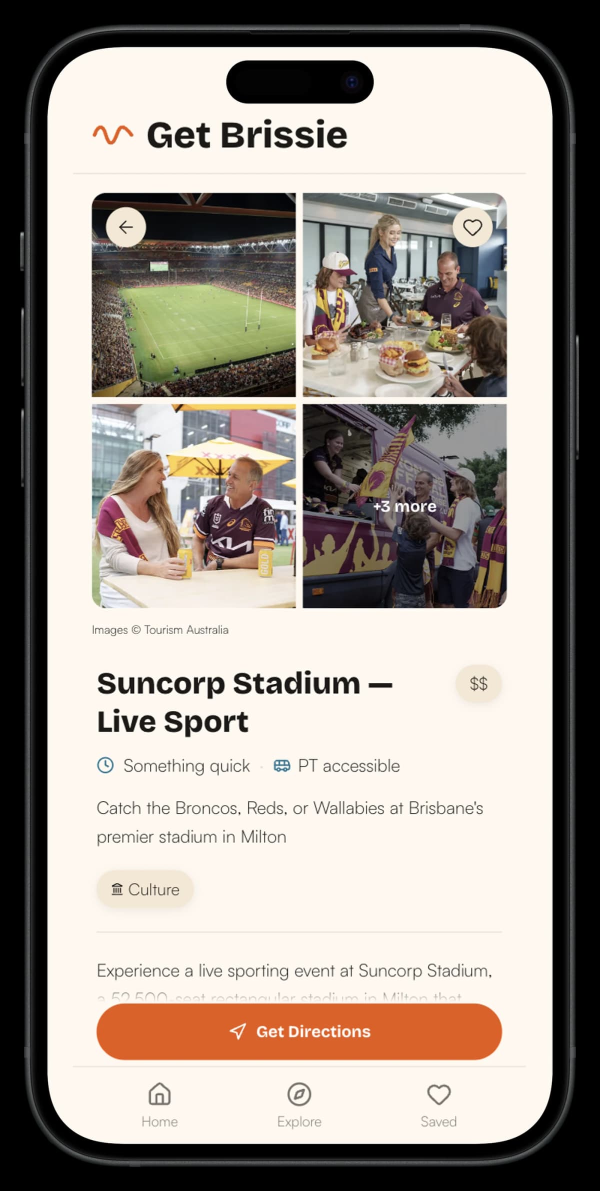 Get Brissie app shown on an iPhone, displaying the Suncorp Stadium adventure